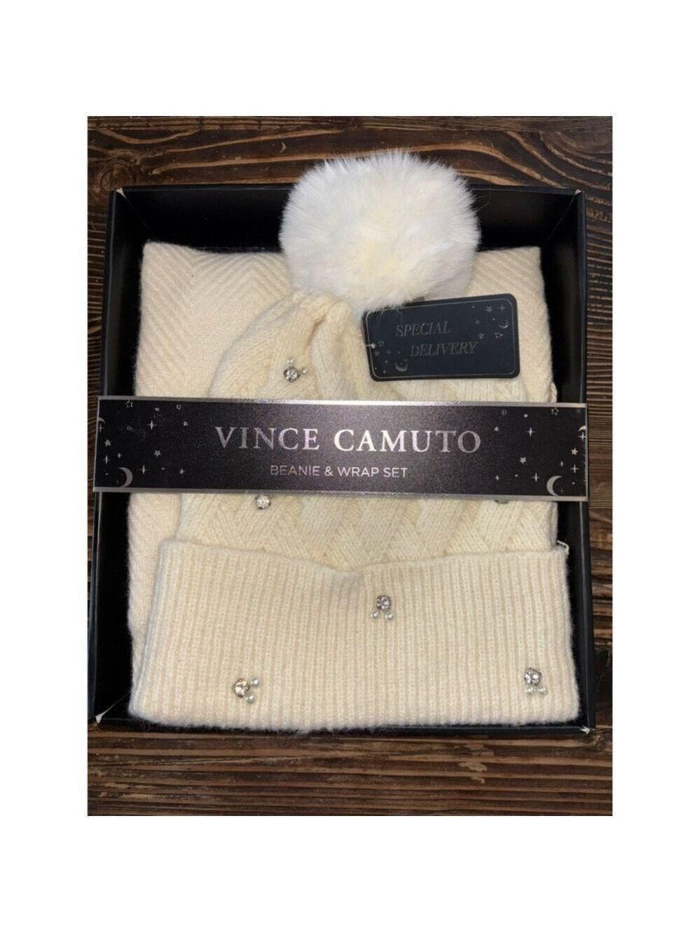 NEW Vince Camuto Gift Set- Pearl Crystal Embellish Glam Pom Hat & Cheveron Wrap